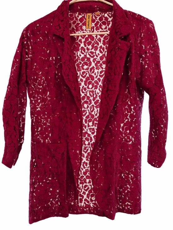 Tops - Red Lace Open Front Duster Cardigan